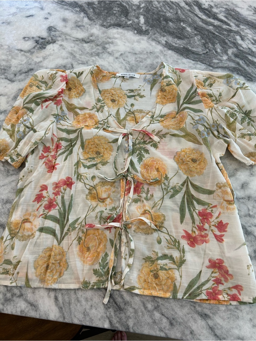 Rose & Olive Cream Floral mock Tie-Front Blouse with Yellow & Pink Blooms